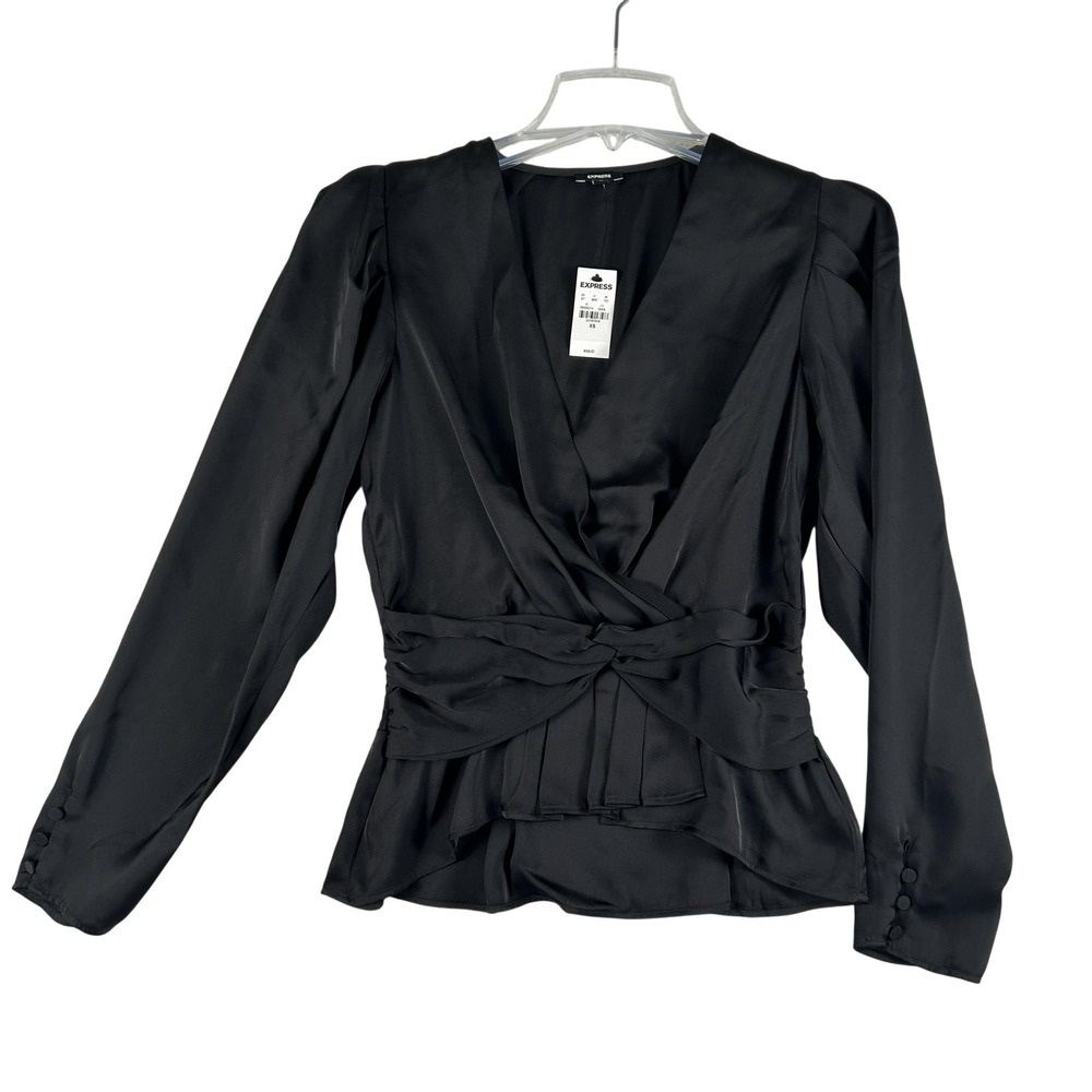 Express Shirt Womens XS Black Satin Wrap Surplice V-Neck‎ Long Sleeve Peplum Top